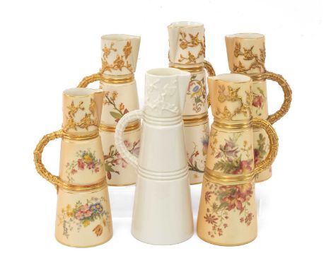 SIX ROYAL WORCESTER SHAPE 1047 JUGS, comprising 3 gilt and blush ivory tapering jugs, 22cms and 22.3cms (h), 2 earlier gilt a