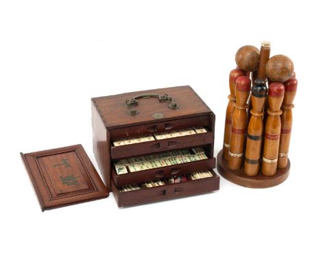 VINTAGE MAH JONG SET & SKITTLES, the mah jong tiles with bamboo backs in Chinese stained hardwood case (back panel loose), th