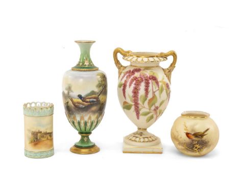 FOUR WORCESTER BONE CHINA VASES, including Hadley's vase painted with continuous landscape with pair of pheasant by C.V. Whit
