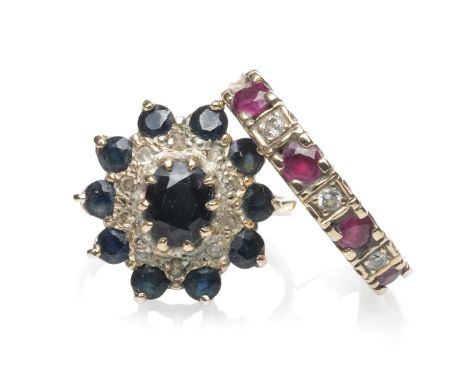 TWO GOLD RINGS, comprising 9ct gold sapphire and diamond chip cluster ring, together with a 9ct gold seven stone ruby and dia