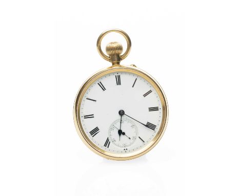 18CT GOLD OPEN FACE POCKET WATCH, white enamel dial with Roman numerals and subsidiary seconds dial, 18ct gold cuvette, movem