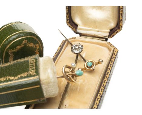 VINTAGE CARTIER GILT TOOLED LEATHER PIN BOX, containing 15ct gold seed pearl and turquoise pin, together with vintage Lacloch