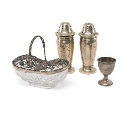 ASSORTED SILVER TABLE WARES, including pair George V sugar casters (loaded) 13cms (h), Edward VII glass-mounted bonbon basket