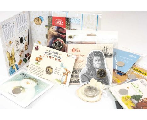 ASSORTED ROYAL MINT COMMEMORATIVE CARDED COINS, including 5 Fifty-pence (Snowman, Gruffalo, Peter Rabbit, Stephen Hawking, Pa