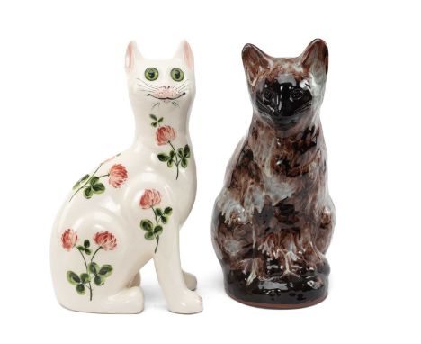 TWO MODERN STUDIO POTTERY CATS, comprising of Ewenny Pottery tortoiseshell glazed seated cat, 34 cms (h) and Griselda Hill 'W