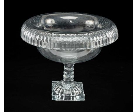 REGENCY CUT GLASS FRUIT BOWL, overturned rim with foliate cut band, bobbin stem on lemon squeezer base, 20.5cms (h)Provenance