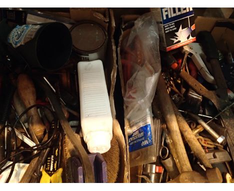 Two boxes of mixed hand tools and garage items. Not available for in-house P&amp;P, contact Paul O'Hea at Mailboxes on 01925 