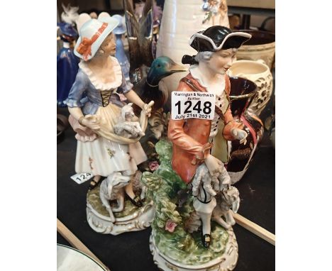 Dresden ceramic shepherd and shepherdess figures. H: 30 cm. Not available for in-house P&amp;P, contact Paul O'Hea at Mailbox