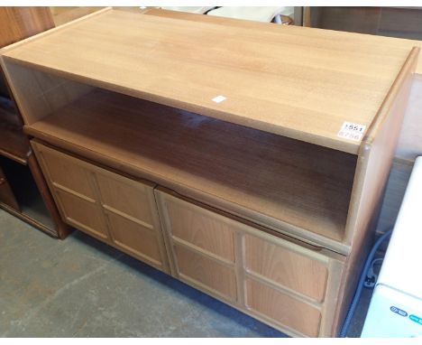 Parker Knoll retro light oak open shelved unit with two doors and storage to base. Not available for in-house P&amp;P, contac