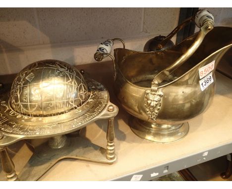 Selection of brassware and metal ware to include two handled brass bucket and a brass globe. Not available for in-house P&amp