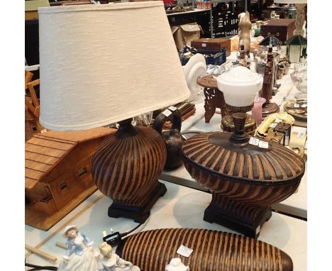 Large treen lidded bowl with matching table lamp and a wall plaque. Not available for in-house P&P, contact Paul O'Hea at Mai