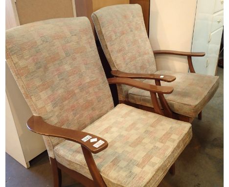 Two light oak upholstered armchairs. Not available for in-house P&amp;P, contact Paul O'Hea at Mailboxes on 01925 659133 