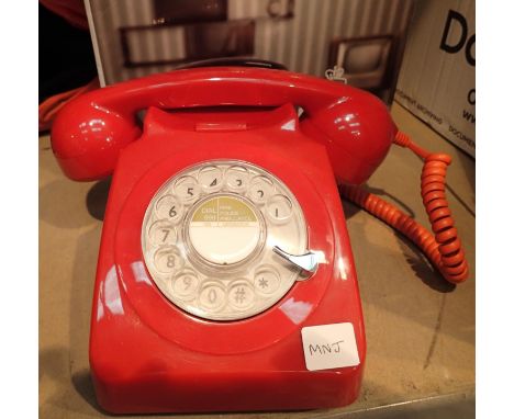Red, GPO746 retro rotary telephone replica of the 1970s classic compatible with modern telephone banking and any standard ana