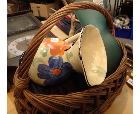 Vintage wicker basket and ceramic contents to include a large colourful glass vase. Not available for in-house P&amp;P, conta