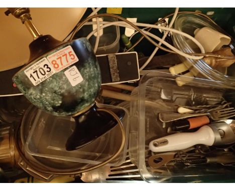 Box of mixed house and kitchen utensils mostly consisting of kitchenware and cutlery. Not available for in-house P&P, contact