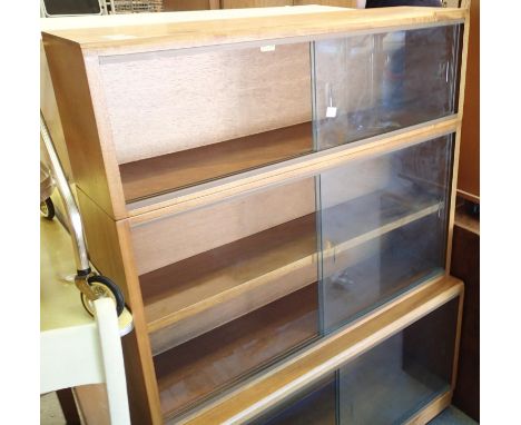 Light oak glass sliding door three section bookcase, 92 x 22 x 123 H. Not available for in-house P&amp;P, contact Paul O'Hea 