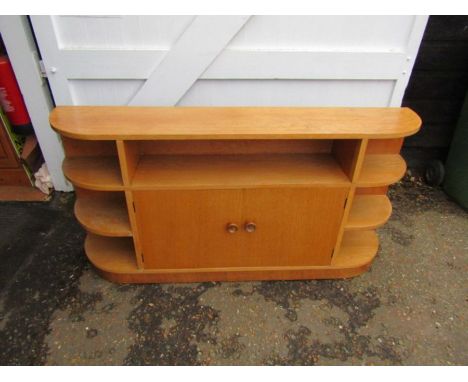 Bowman Bros 1960's light Oak sideboard with 2 door cupboard to centre flanked by curved shelves each end H77cm W153cm D30cm a