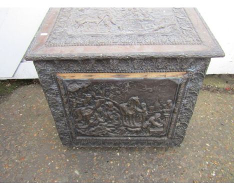 Arts and Crafts copper covered wooden log box featuring repousse hunting scenes H67cm W65cm D42cm approx 