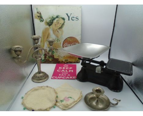 A repro Coca-Cola metal sign and one other, Vintage kitchen scales, a plated candelabra and a candle holder, plus a vintage b