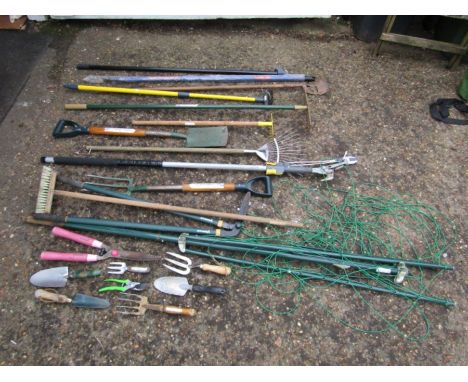 Garden tools including rakes, fork, shovel and edging shears etc
