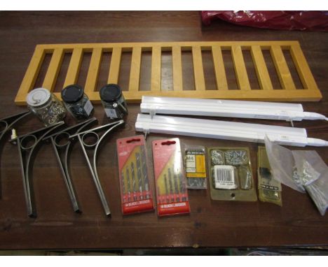 Mixed lot- strip lights, drill bits, kitchen shelf with brackets etc