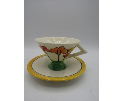 A Clarice Cliff style art deco teacup and saucer by pastimes in 'tall trees' design