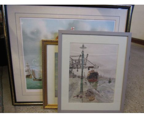 D. Ward watercolour of a harbour and fishing scene, 'Mary Rose' sailing ship print with cert of authenticity and another prin