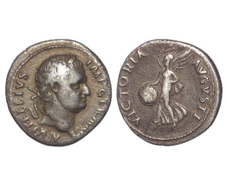 Vitellius silver denarius, Lugdunum Mint. Reverse: VICTORIA AVGVSTI., Victory alighting left, wings spread. RIC 99, Sear 2191