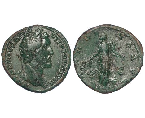 Antoninus Pius sestertius, Rome Mint 142 A.D., reverse:- Annonia standing right, Sear 4147, hard black-green patina, quite ni