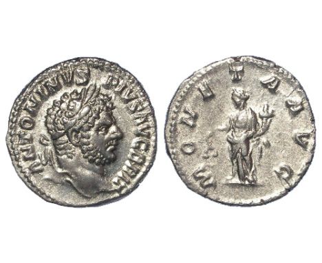 Caracalla silver denarius, Rome Mint 213 AD. Reverse: MONETA AUG., Moneta standing left holding scales & cornucopiae, Sear 68