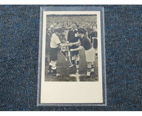 World Cup 1954 rare postcard of Captains exchanging pennants before Final, Hungary v West Germany