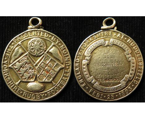 Rugby 15ct. gold medal - very rare but worn. Presented by The Yorkshire Rugby Football Union. Back reads "England v Yorkshire