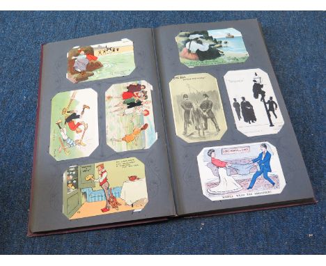 Vintage original collection in large red album, R/P's, street scenes, many better noted   (approx 285 cards)