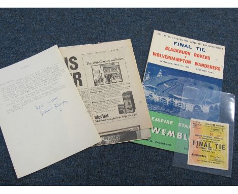 FA Cup Final Programme & Ticket for 7th May 1960 Blackburn v Wolverhampton, autographed to cover by Derek Dougan, also signed
