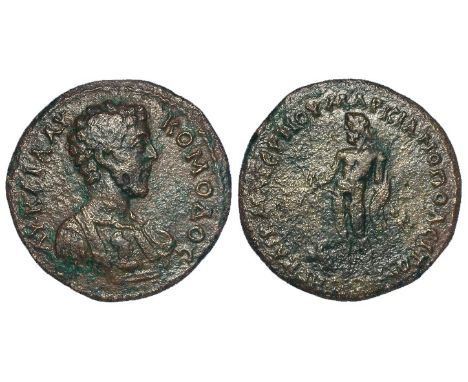 Commodus AE27 of Marcianopolis Moesia Inferior, struck under legate Caecilius Maternus, obverse:- Bare-headed bust of Commodu