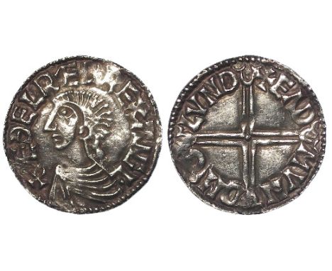 Aethelred II silver penny, Long Cross Issue, Spink 1151, obverse reads:- +AEDELRAED REX ANGL. [both 'AE's' and 'NG' ligulate,