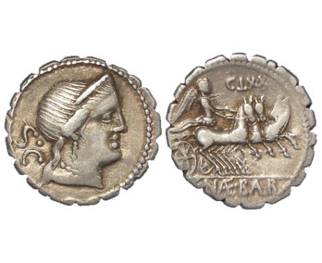 Roman Republican silver denarius serratus, of C Naevius Balbus of 79 B.C., head of Venus right / Victory in triga [triga [thr