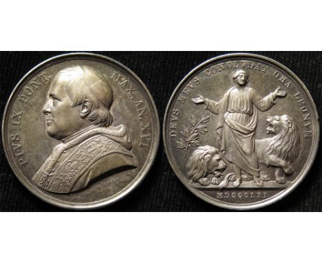 Papal Medal, silver d.43mm: PIVS IX PONT. MAX. AN. XVI, portrait l. signed C. Voight / DEVS MEVS CONCLVDAT ORA LEONVM, over i