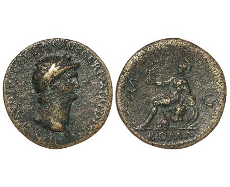 Nero brass sestertius, Lugdunum Mint c.65 A.D., reverse:- ROMA S C, Roma seated left on cuirass, right foot on helmet and hol