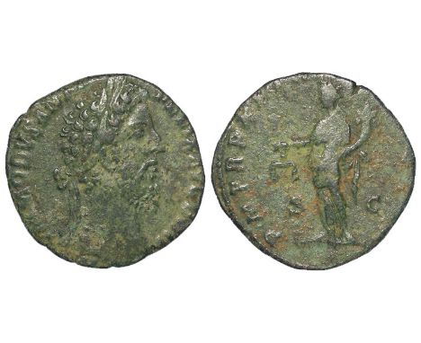 Commodus sestertius, Rome Mint 186 AD. Reverse: PM TRP XI IMP VII COS V PP SC., Aequitas standing left holding scales and cor