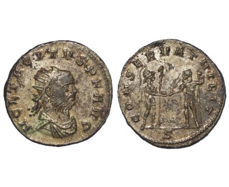 Tacitus silvered antoninianus, Ticinum Mint. Reverse: CONSERVAT MILIT., Mars in military attire standing right, holding spear