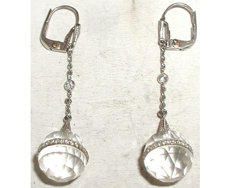 Pair of vintage French rock crystal and diamond earrings modelled as Briolette rock crystal spheres, pave set with a band of 