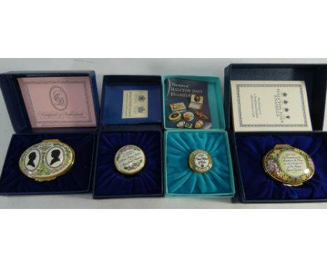 Group of four Halcyon Day enamel boxes, all commemorating Royal births and marriages etc. All boxed