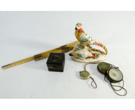 Hand held compass, Victorian brass inkwell, figure of pheasants etc 