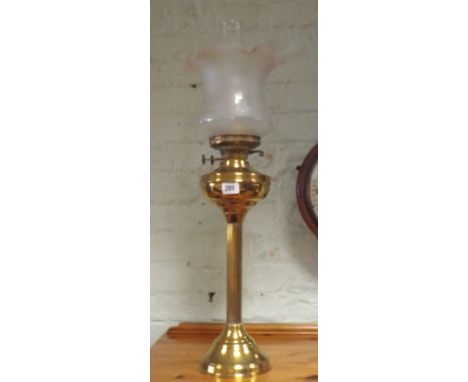 Victorian brass Corinthian column oil lamp with glass shade, approx 27" tall overall 