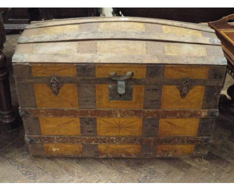 Large wood and metal bound dome topped trunk 