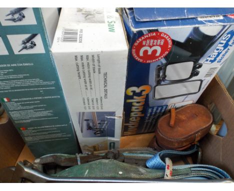 Two heavy duty bracket tie-down strap sets, heavy duty hand pump, very large adjustable spanner, caravan mirrors, pair of bin