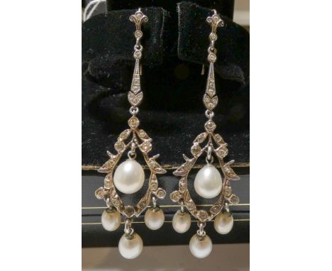 Pair of vintage silver and pearl drop earrings set with paste stones, stamped 925