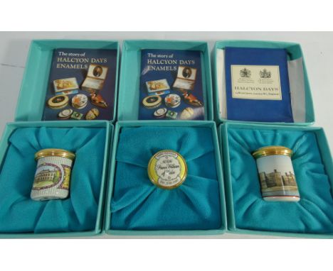 Group of three Halcyon Day enamel boxes, two of palaces, one commemorating the third birthday Prince William 1985. All boxed 
