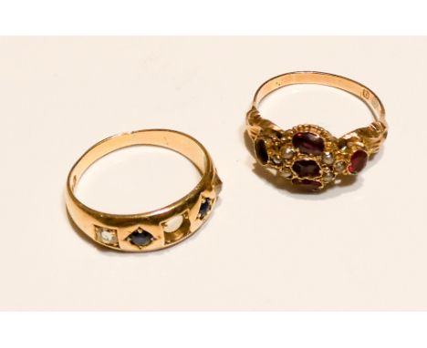 Antique gold ruby and pearl ring and a sapphire and diamond gypsy ring, both with stones missing 